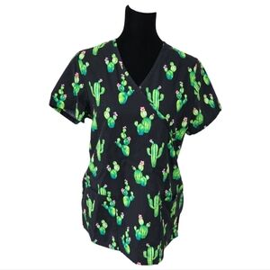 Scrubstar Cactus Print Scrub Top | Black V-Neck | Size Small
